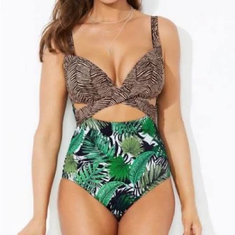 Swimsuits for all one piece cut out tiger animal tropical palm 12 monokini